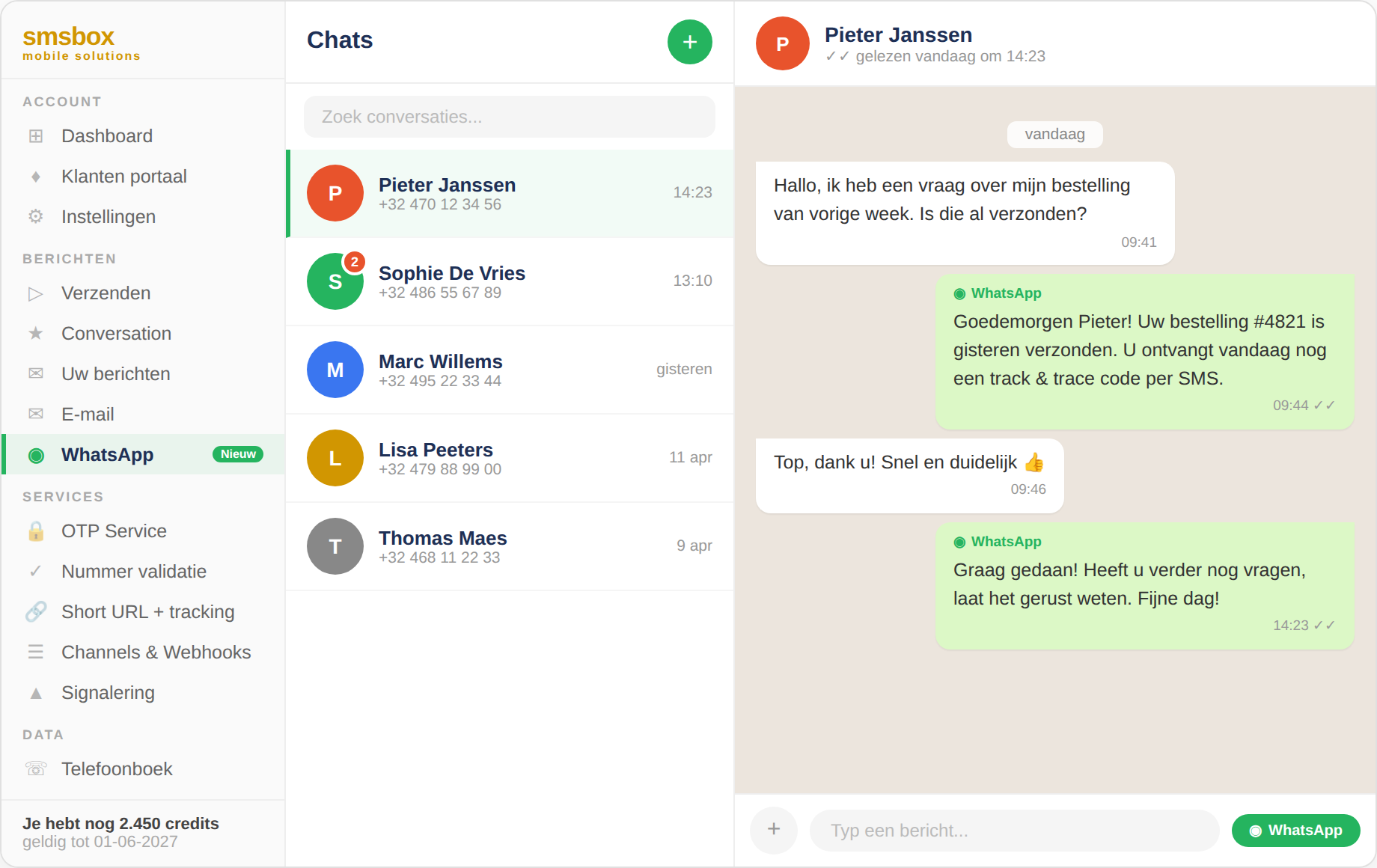 SMSBOX WhatsApp dashboard — tweeweg-berichten beheren