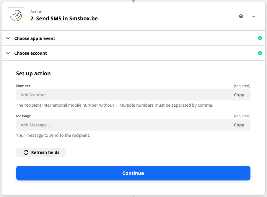 SMSBOX Zapier configuratie — stap 2
